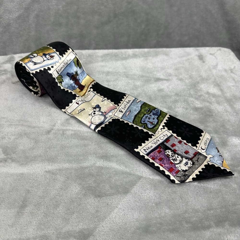 VTG Golden Wreath American Greetings 100% Silk Neck Tie 3.75" x 59" Snowmen